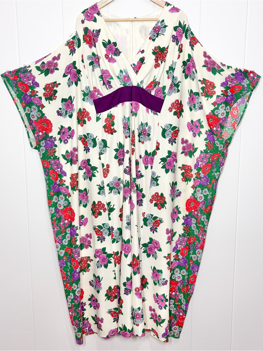 Boho Hippie Floral Kaftan Maxi Dress Vintage 70’s Womens Size Large/XL